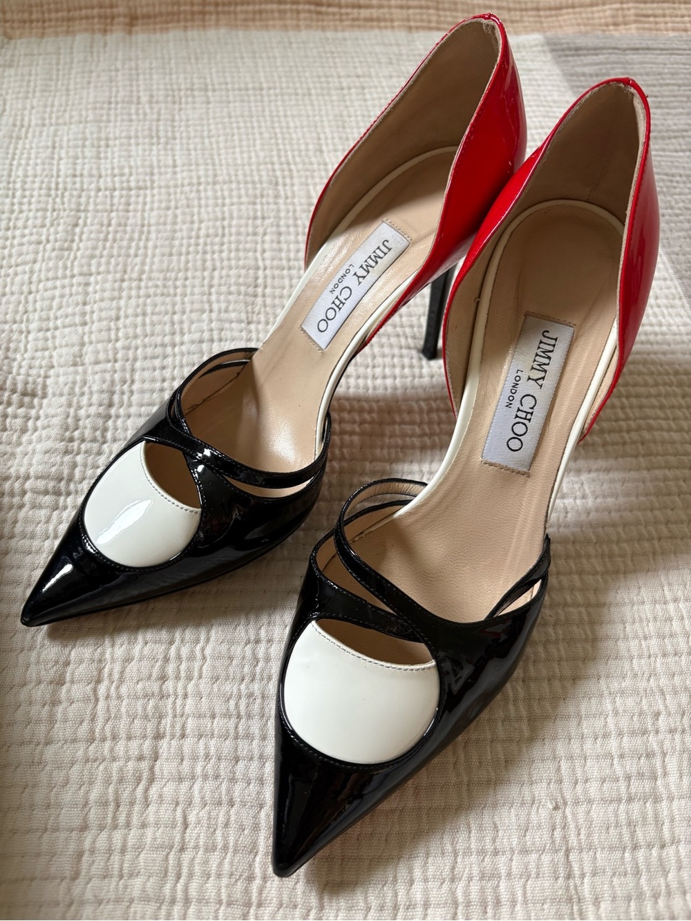 Rare Jimmy Choo Black, White & Red Patent Leather Pointed-Toe D'Orsay Pumps